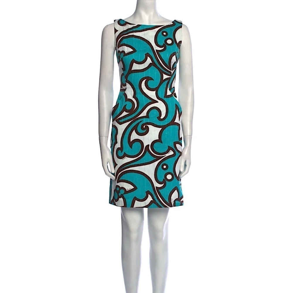 Milly New York Turquoise White Dark Brown Large Print Sheath Dress Size 4